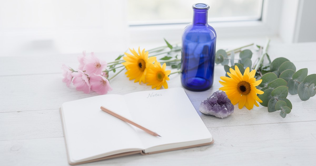 Open notebook with a pencil beside a blue glass bottle, pink and yellow flowers, green leaves, and a purple amethyst on a white table