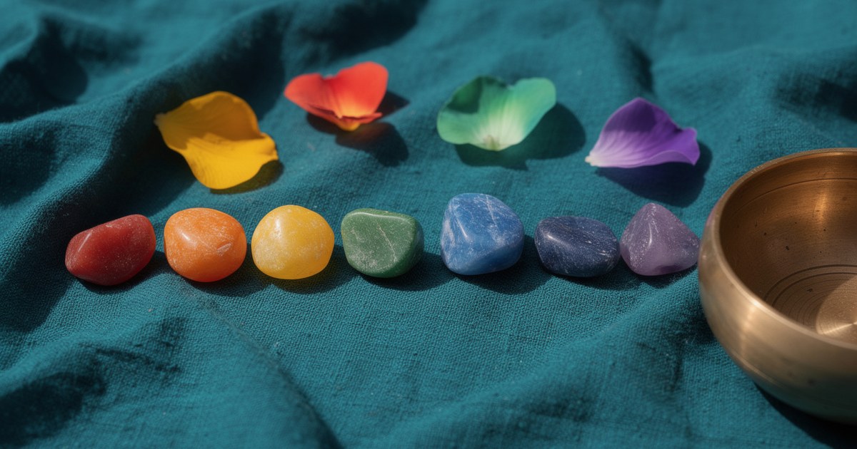Seven polished stones in red, orange, yellow, green, blue, indigo and violet in a line on teal linen, with colorful petals above and a brass singing bowl.