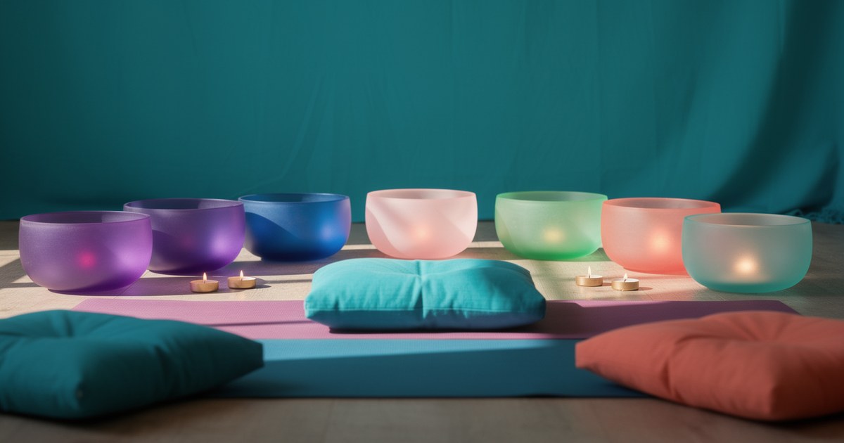 Frosted crystal singing bowls in violet, blue, pink, green and coral lined up on a mat, with teal and coral floor cushions and small candles against a teal wall.