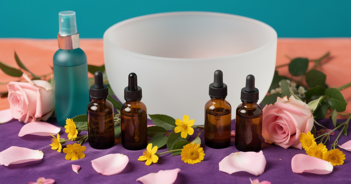 A frosted crystal singing bowl on a coral and violet cloth with four amber dropper bottles, a teal spray bottle, pink roses, yellow flowers and scattered petals.