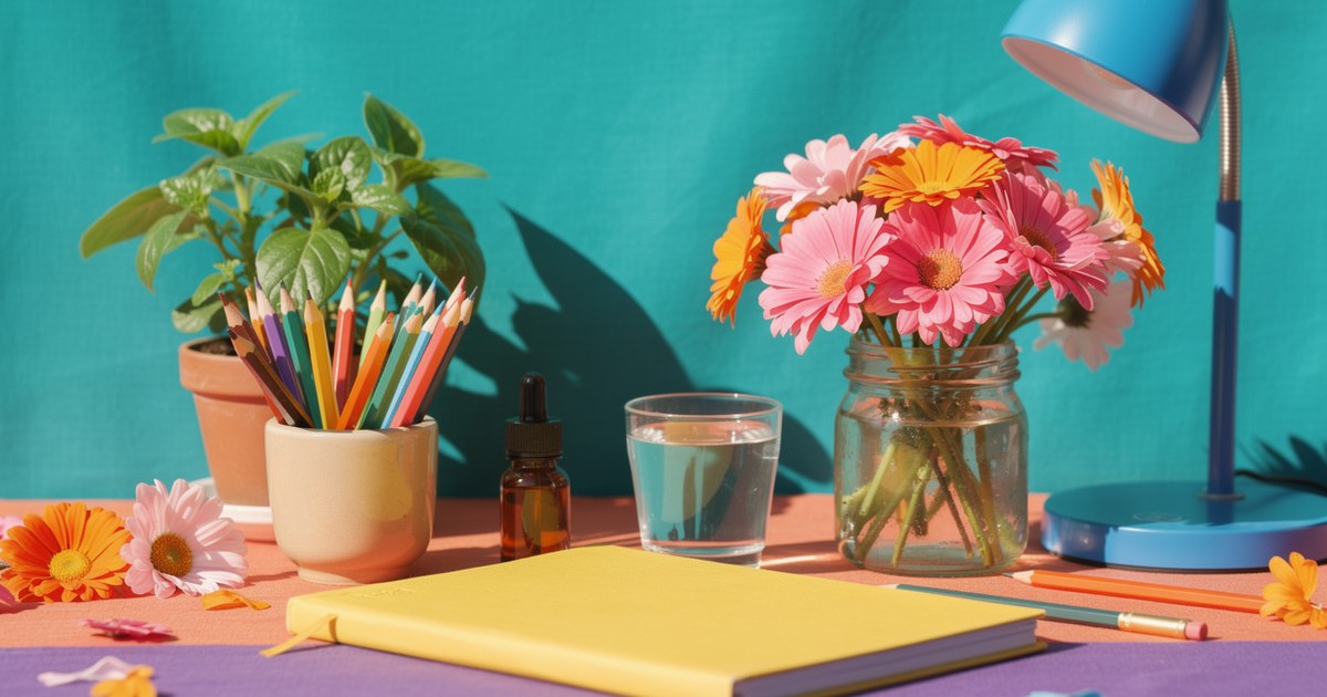 A child's desk with a yellow notebook, a cup of colored pencils, a glass of water, a small amber dropper bottle, a jar of pink and orange gerberas and a blue lamp.
