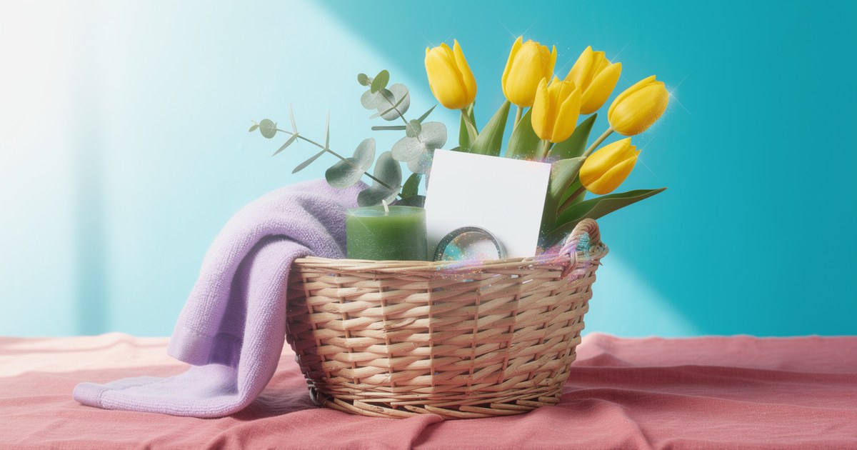 A woven gift basket on a rose pink cloth holding a folded lavender blanket, a green candle, eucalyptus sprigs and yellow tulips against a turquoise wall
