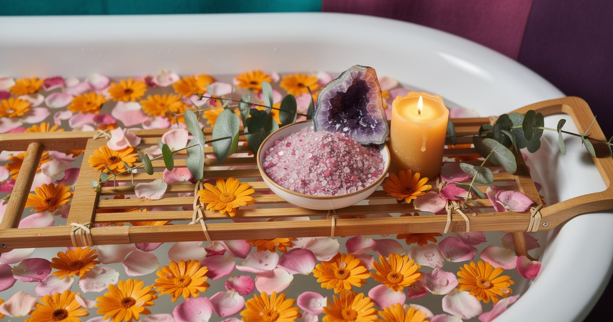 A white bathtub filled with pink rose petals and orange calendula, with a bamboo tray holding pink bath salt, an amethyst geode, eucalyptus and a lit candle.