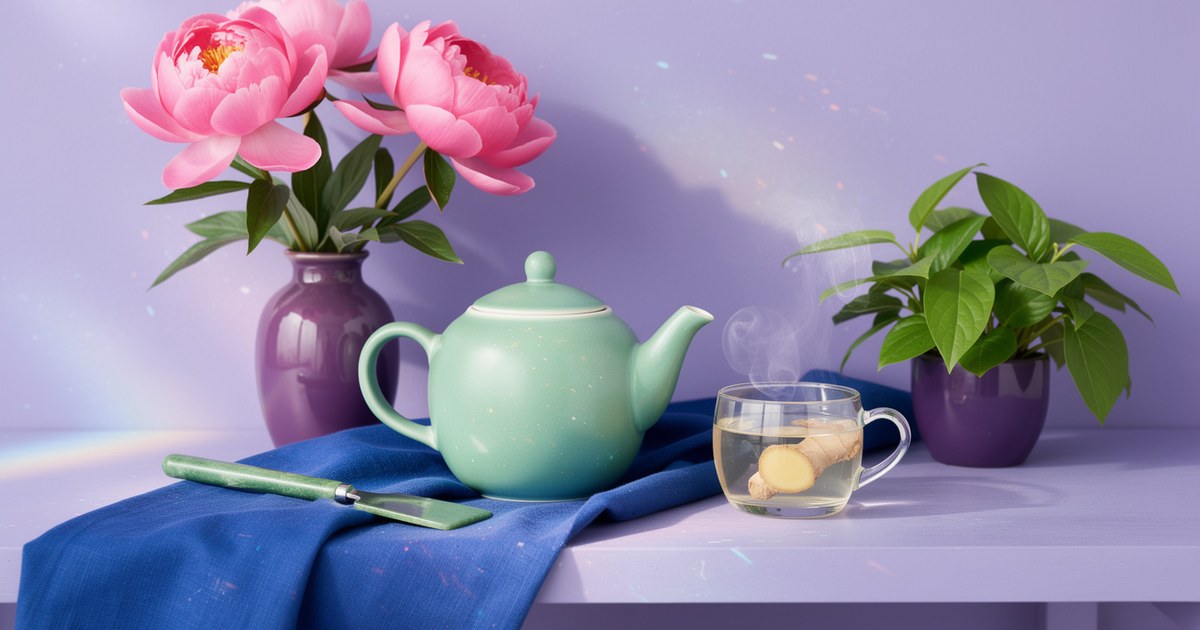 A celadon green teapot and small cup of steaming water on a blue linen cloth beside a jade scraping tool, pink peonies and a leafy plant, lit by bright daylight