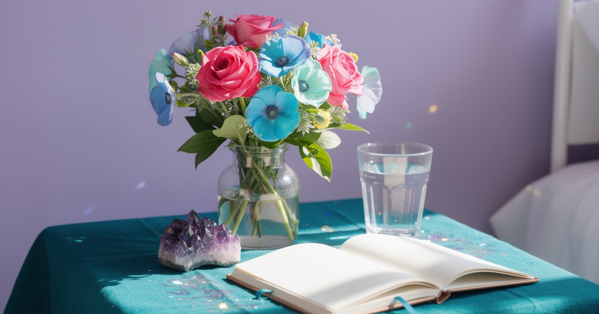 Bedside table against a lavender wall holding teal linen, pink and blue flowers in clear glass, an amethyst cluster and a notebook in bright daylight